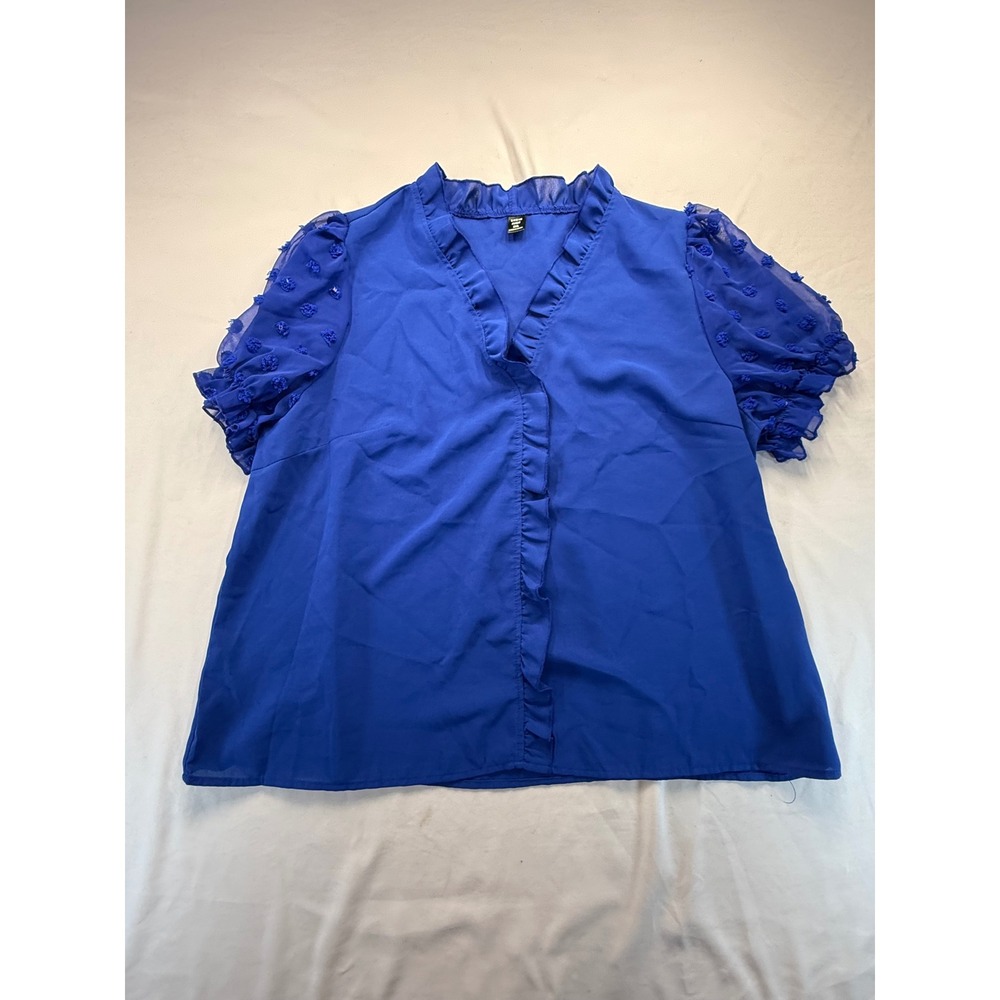 SHEIN Curve Womens 2XL Royal Blue Blouse Ruffle V-Neck Swiss Dot Puff Sleeve Top